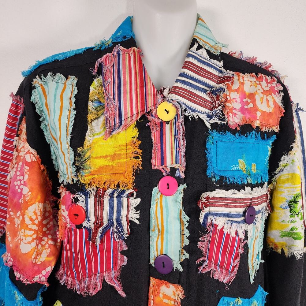 Vtg New Direction Patchwork Jacket Black Cotton Button Medium Colorful Artsy 90s - Picture 3 of 12
